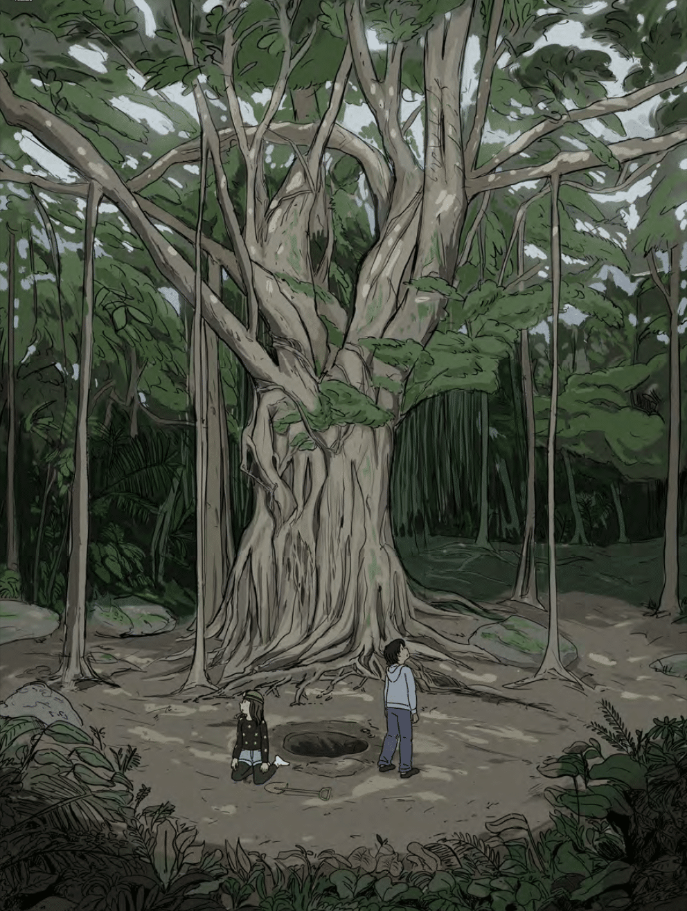 A Girl and a Boy Look Up at an Enormous Tree. The Girl is Wearing a Hardhat and There is a Hole in the Ground Between Them that they have semi -site emerged from.