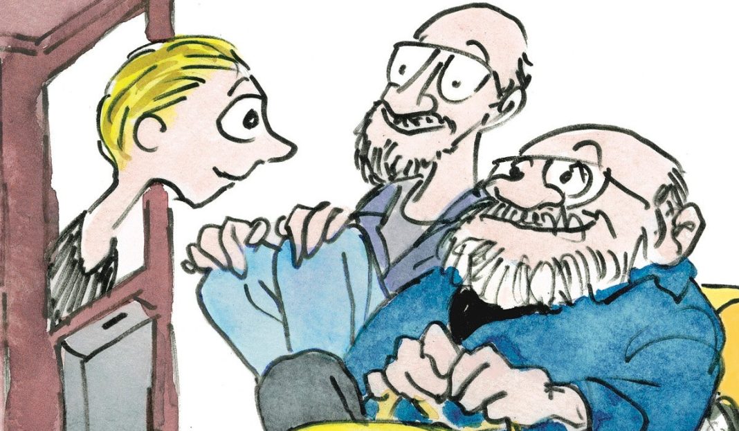 Jules Feiffer 2011 self-portrait with Norton Juster and Milo from The Phantom Tollboth featured