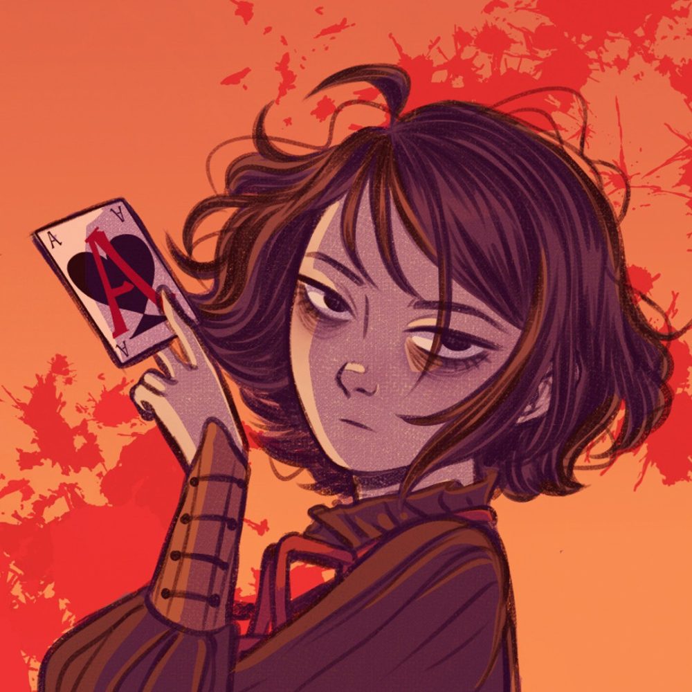 a is for alice. young woman with short hair and baggy eyes holds a playing card in her fingers.