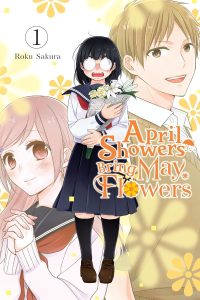april showers bring may flowers by roku sakura romance manga from yen press cover with the main characters hana, ueno, and uguisudani with hana holding flowers
