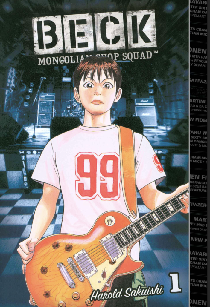 beck. teenage boy holds an electric guitar. his shirt reads "99."