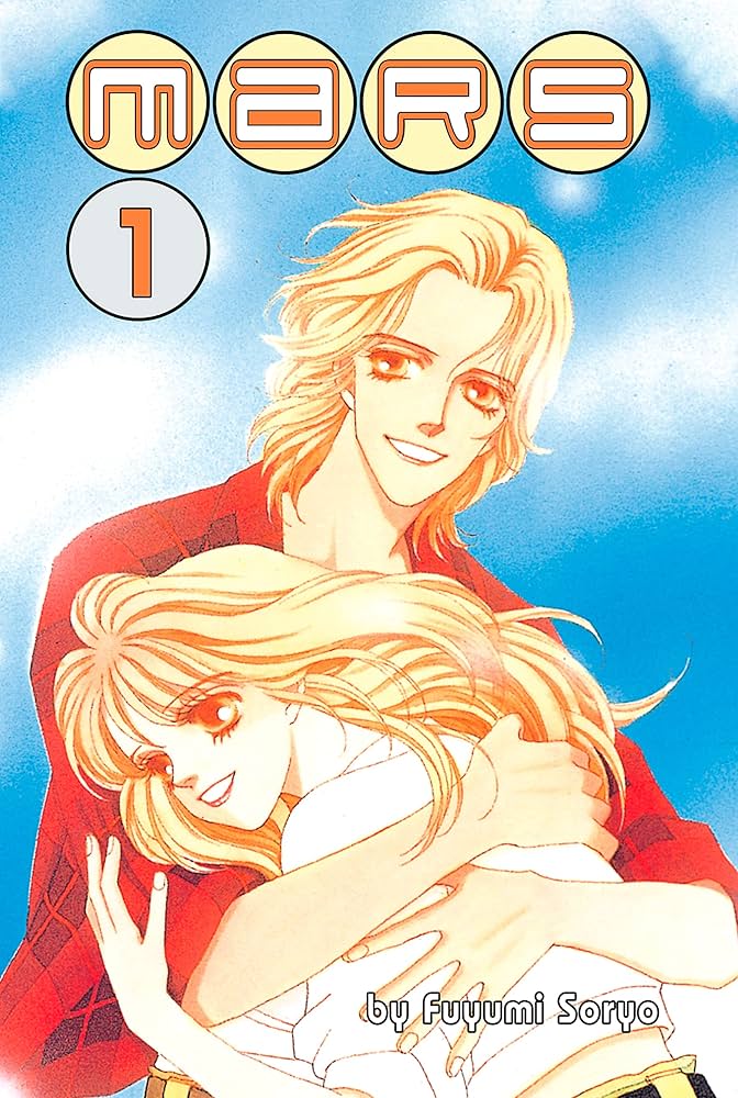 mars volume 1 cover. a teenage boy and girl with long blonde hair hold each other. the boy is wearing a red shirt.