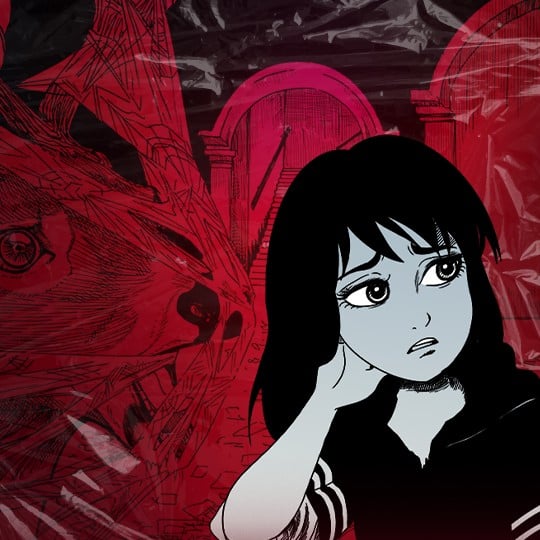 stagtown. a woman looks into the distance with an uneasy expression on her face. behind her are stark red horrors including a warped deer head and a doorway.