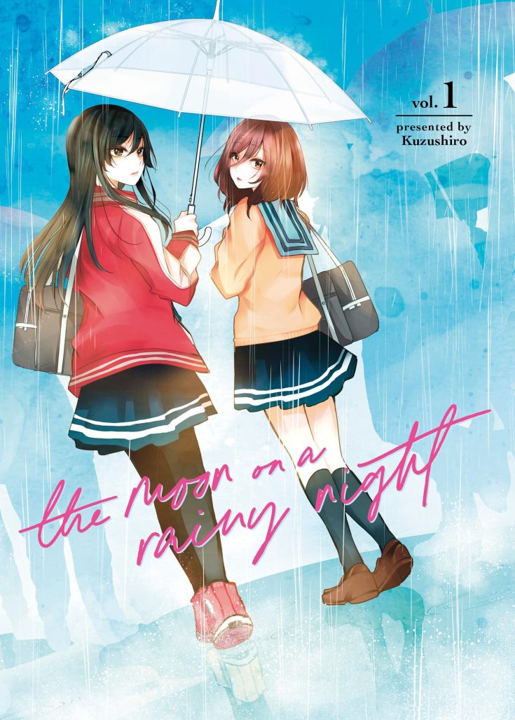 the moon on a rainy night volume 1. two young women wearing high school uniforms walk together under an umbrella in the rain. both are carrying bags. one has long hair, the other short hair.