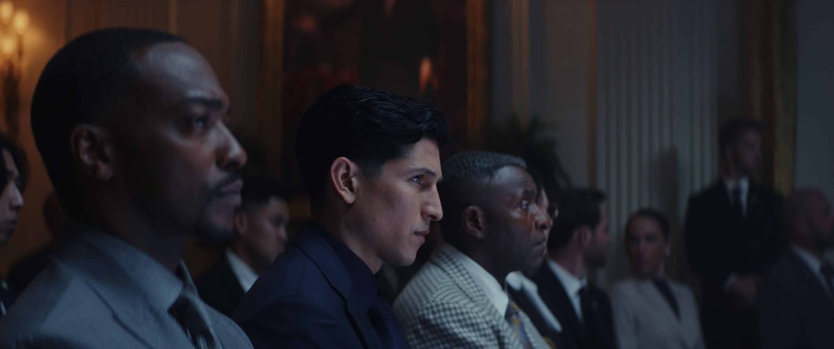 (L-R) Captain America/Sam Wilson (Anthony Mackie), Joaquin Torres/The Falcon (Danny Ramirez) and Isaiah Bradley (Carl Lumbly) in Marvel Studios' CAPTAIN AMERICA: BRAVE NEW WORLD. Photo courtesy of Marvel Studios. © 2024 MARVEL.