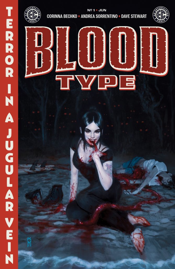 Comic art of a vampire on the floor licking pools of blood on her fingers in Blood Type 