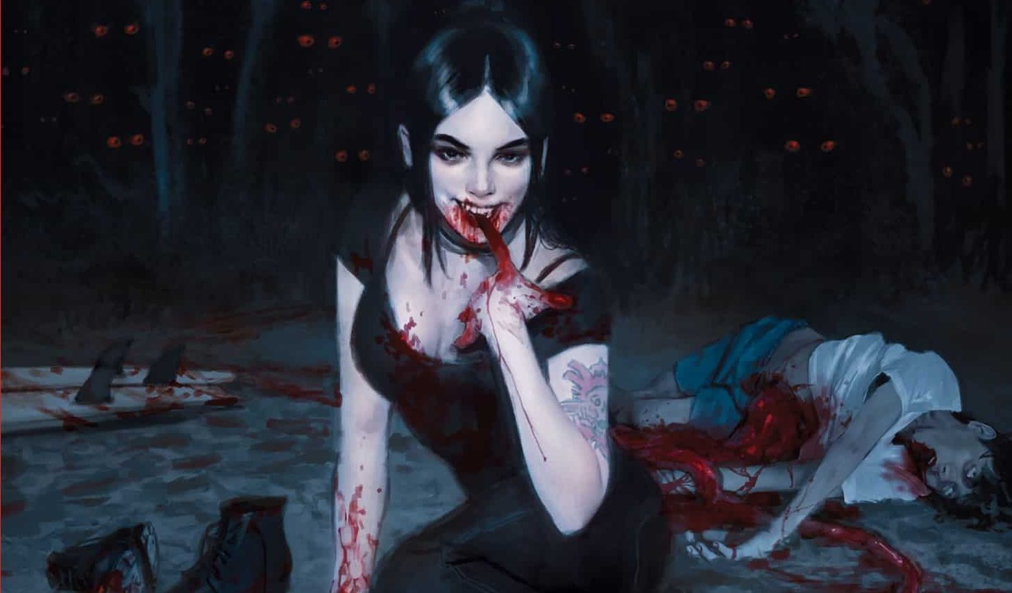 Comic art cover of a vampire with fingers drenched in blood and a body behind her