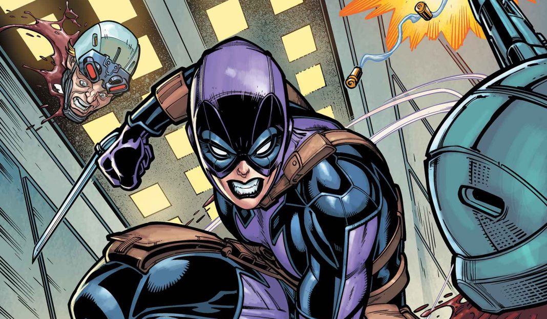 Comic art of the Original Gwen Stacy now as the evil Gwenpool chopping someone's head off