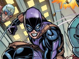Comic art of the Original Gwen Stacy now as the evil Gwenpool chopping someone's head off