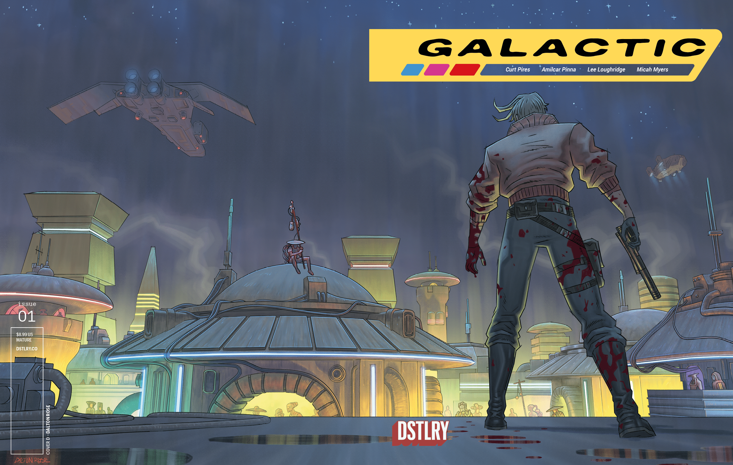 comic cover of Galactic where behind the back of a bounty hunter he sees a lone straw hat man sitting atop a building.