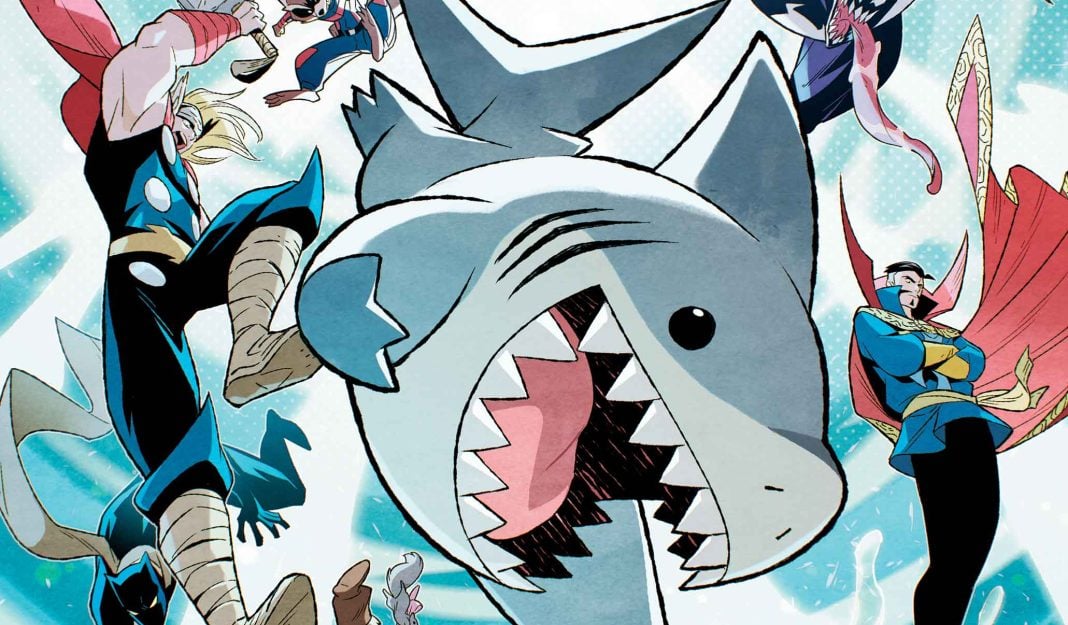 Comic cover of Jeff the Landshark with the Avengers