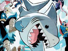 Comic cover of Jeff the Landshark with the Avengers