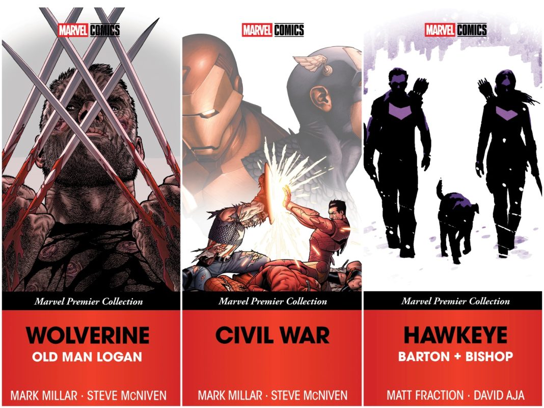 Marvel Comic book covers of Old Man Wolverine, Civil War, and Hawkeye
