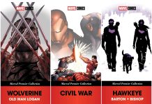 ComicsPRO ’25: Marvel announces plans for MARVEL PREMIER COLLECTION Marvel Comic book covers of Old Man Wolverine, Civil War, and Hawkeye