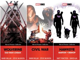 Marvel Comic book covers of Old Man Wolverine, Civil War, and Hawkeye