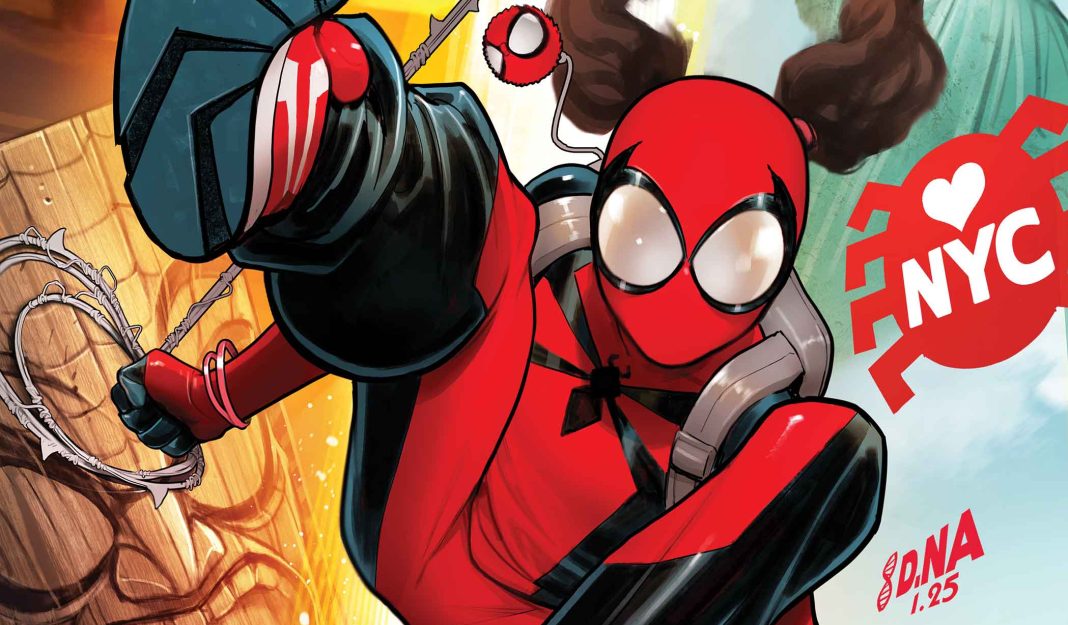Comic art of Spider-Girl swinging