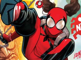 Comic art of Spider-Girl swinging