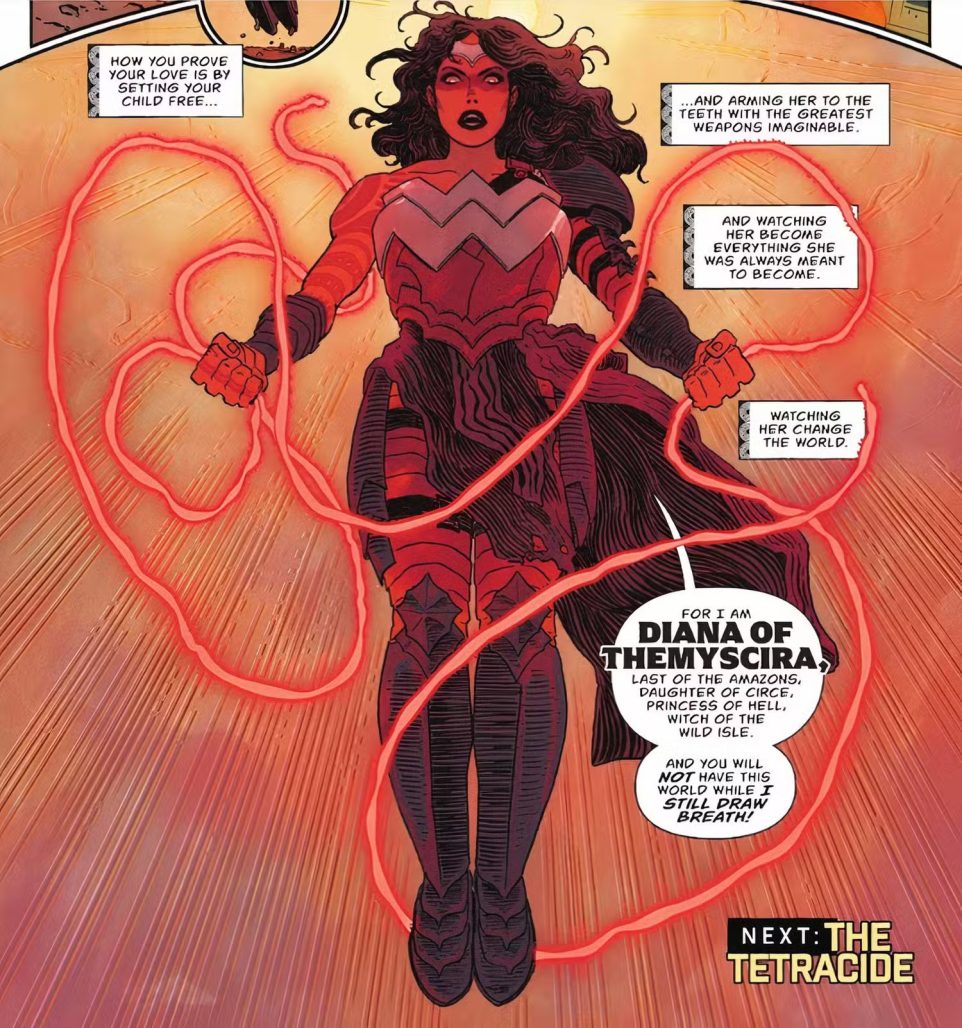 A comic book panel in red of an all-powerful Diana with the nemesis whip ready to take on the tetracide 