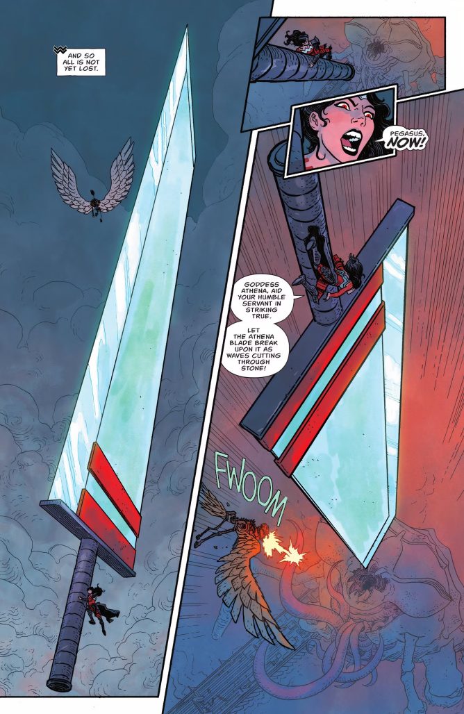 A comic book panel of Diana and the gigantic Athena Blade in Absolute Wonder Woman