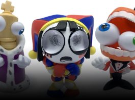 Vinyl figurines of Pomni, Kinger, and Caine made by Moose Toys