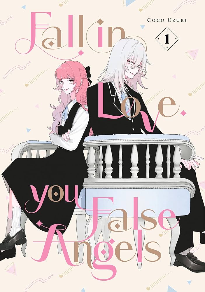 fall in love you false angels cover. pink haired girl and long haired guy wearing fancy black school uniforms (dress and suit) sit on ornate seat facing away from each other.
