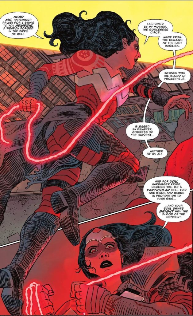 A comic book panel of Wonder Woman showcasing how her new red Nemesis Whip works - punishing the guilty by making them feel their own sins against people committed. 