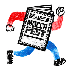 Mocca Fest zine is running like a person with red arms and blue legs