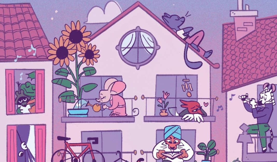 animal people living their everyday lives in town as showcased in a three story house exterior shot in this comic book