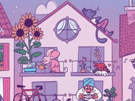 animal people living their everyday lives in town as showcased in a three story house exterior shot in this comic book