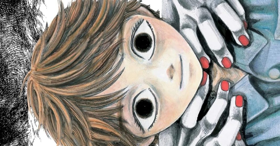 closeup of young boy with creepy hands on his shoulders