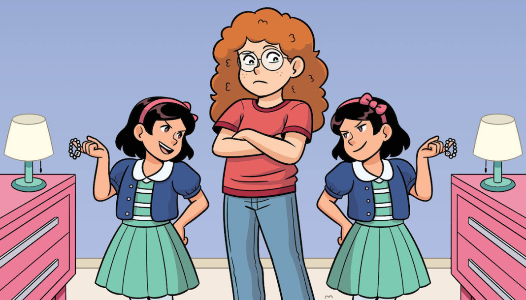 Baby-sitter Mallory flanked by the two twins, Marylin and Carolyn. From the cover of The Baby-sitters Club: Mallory and the Trouble with Twins by Arley Nopra.