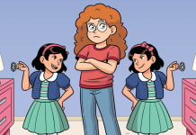 Process + Interview: Arley Nopra on THE BABY-SITTERS CLUB: MALLORY AND THE TROUBLE WITH TWINS Baby-sitter Mallory flanked by the two twins, Marylin and Carolyn. From the cover of The Baby-sitters Club: Mallory and the Trouble with Twins by Arley Nopra.