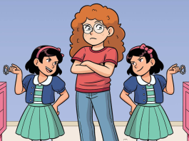 Process + Interview: Arley Nopra on THE BABY-SITTERS CLUB: MALLORY AND THE TROUBLE WITH TWINS Baby-sitter Mallory flanked by the two twins, Marylin and Carolyn. From the cover of The Baby-sitters Club: Mallory and the Trouble with Twins by Arley Nopra.