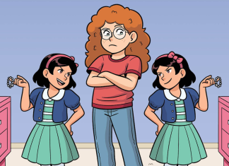 Process + Interview: Arley Nopra on THE BABY-SITTERS CLUB: MALLORY AND THE TROUBLE WITH TWINS Baby-sitter Mallory flanked by the two twins, Marylin and Carolyn. From the cover of The Baby-sitters Club: Mallory and the Trouble with Twins by Arley Nopra.