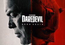 TV REVIEW: Daredevil: Born Again is the perfect MCU reintroduction poster image of daredevil born again on Disney Plus. A dual face with Fisk, in white colors, looking left and daredevil, in red, looking right. Them facing against each other at the middle.