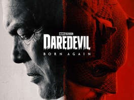 TV REVIEW: Daredevil: Born Again is the perfect MCU reintroduction poster image of daredevil born again on Disney Plus. A dual face with Fisk, in white colors, looking left and daredevil, in red, looking right. Them facing against each other at the middle.