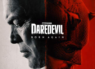 TV REVIEW: Daredevil: Born Again is the perfect MCU reintroduction poster image of daredevil born again on Disney Plus. A dual face with Fisk, in white colors, looking left and daredevil, in red, looking right. Them facing against each other at the middle.