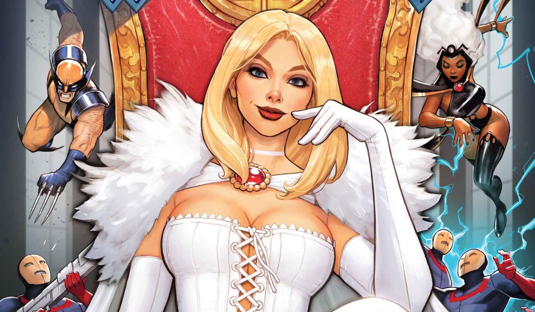 Comic Cover of Hellfire Club's Emma Frost as she sit cross legged in white