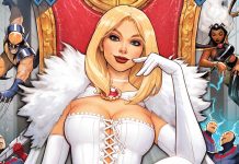 Marvel launches EMMA FROST: THE WHITE QUEEN a Hellfire Club storyline by Amy Chu and Andrea Di Vito Comic Cover of Hellfire Club's Emma Frost as she sit cross legged in white