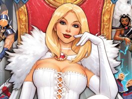 Comic Cover of Hellfire Club's Emma Frost as she sit cross legged in white