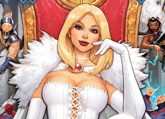 Marvel launches EMMA FROST: THE WHITE QUEEN a Hellfire Club storyline by Amy Chu and Andrea Di Vito Comic Cover of Hellfire Club's Emma Frost as she sit cross legged in white