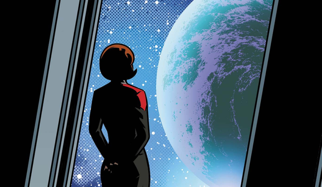 Star Trek: Voyager's Janeway looking out the window at Earth