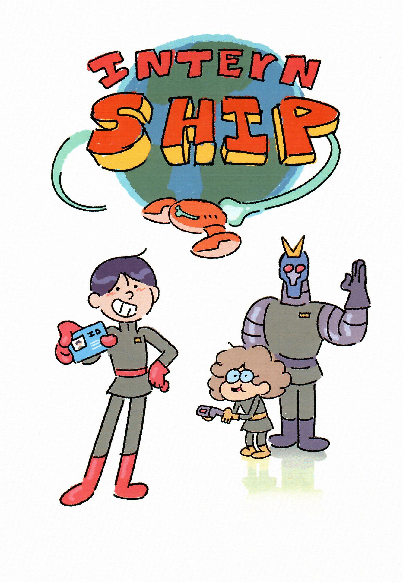 Internship sketch. Logo features a space ship flying around the Earth. One human stands with an ID card, another human holds a tricorder and a robot raising a hand in greeting.