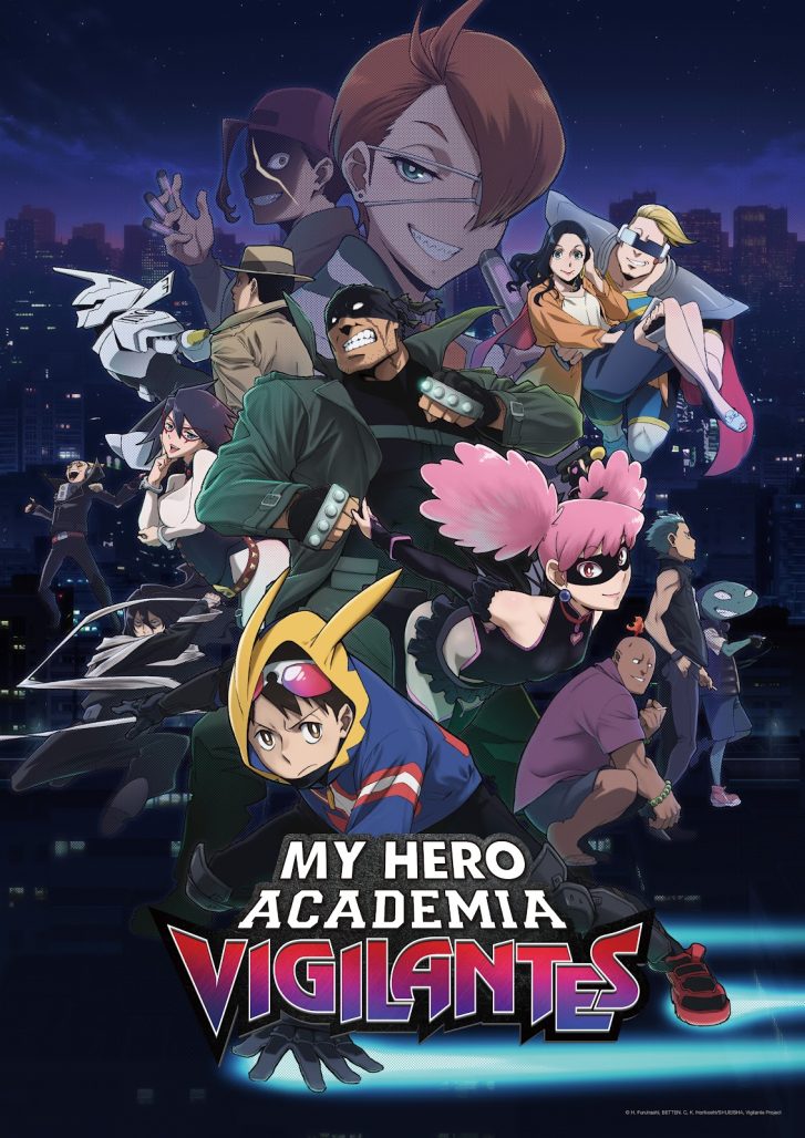My Hero Academia Vigilantes key art with leads Koichi, Pop Step and Knuckleduster.