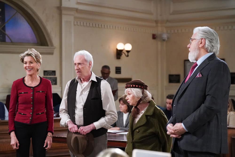 NIGHT COURT -- "A Few Good Hens" Episode 311 -- Pictured: (l-r) Wendie Malick as Julianne Walters, Brent Spiner as Bob Wheeler, Annie O'Donnell as June Wheeler, John Larroquette as Dan Fielding