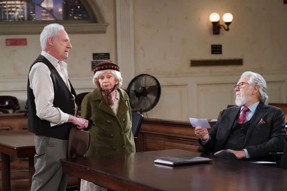 NIGHT COURT -- "A Few Good Hens" Episode 311 -- Pictured: (l-r) Brent Spiner as Bob Wheeler, Annie O'Donnell as June Wheeler, John Larroquette as Dan Fielding
