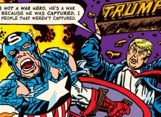 MoCCA ‘25 Interview: On Satire and Comics with R. Sikoryak Trump throwing a brick with his name on it at captain America