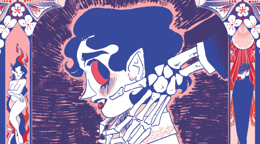 Cora side profile; her head is cradled by a pair of skeleton hands reaching out from behind her; on the left side is a naked vampire woman and on the right side is a robed man cloaked in darkness.