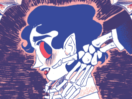 Cora side profile; her head is cradled by a pair of skeleton hands reaching out from behind her; on the left side is a naked vampire woman and on the right side is a robed man cloaked in darkness.