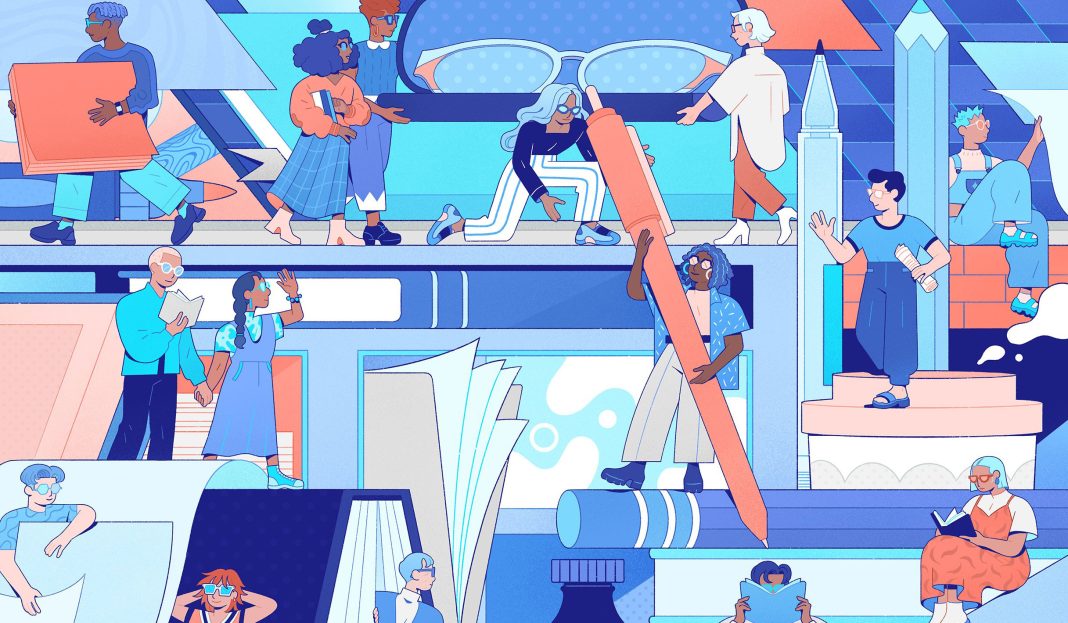 Art by Olivia Fields: a series of tiny people working together to draw